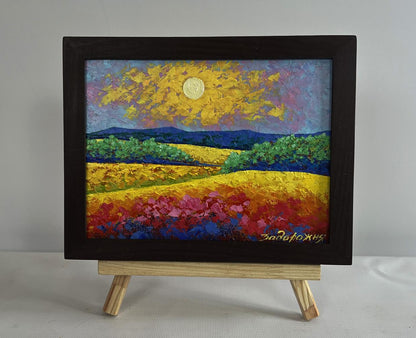 Oil painting Evening sun over the fields V. Zadorozhnya in wooden frame