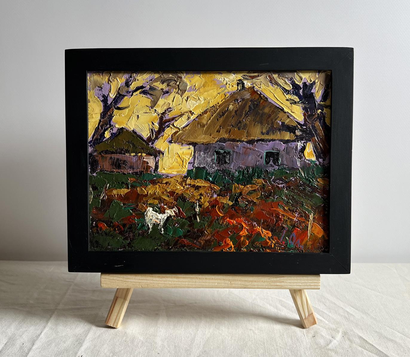Vibrant Oleksiy Ivanyuk oil painting of yellow sunset behind thatched houses
