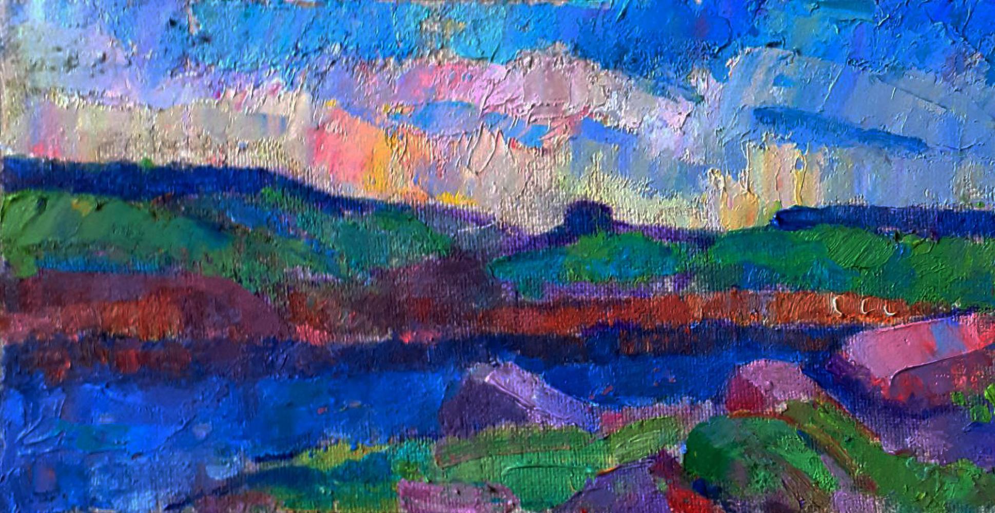 Vibrant impressionist oil painting of river and sunset over meadows by Pavel Dobrev