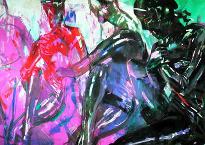 Vibrant abstract oil painting Asana by Ed Potapenkov in reds pinks greens blacks