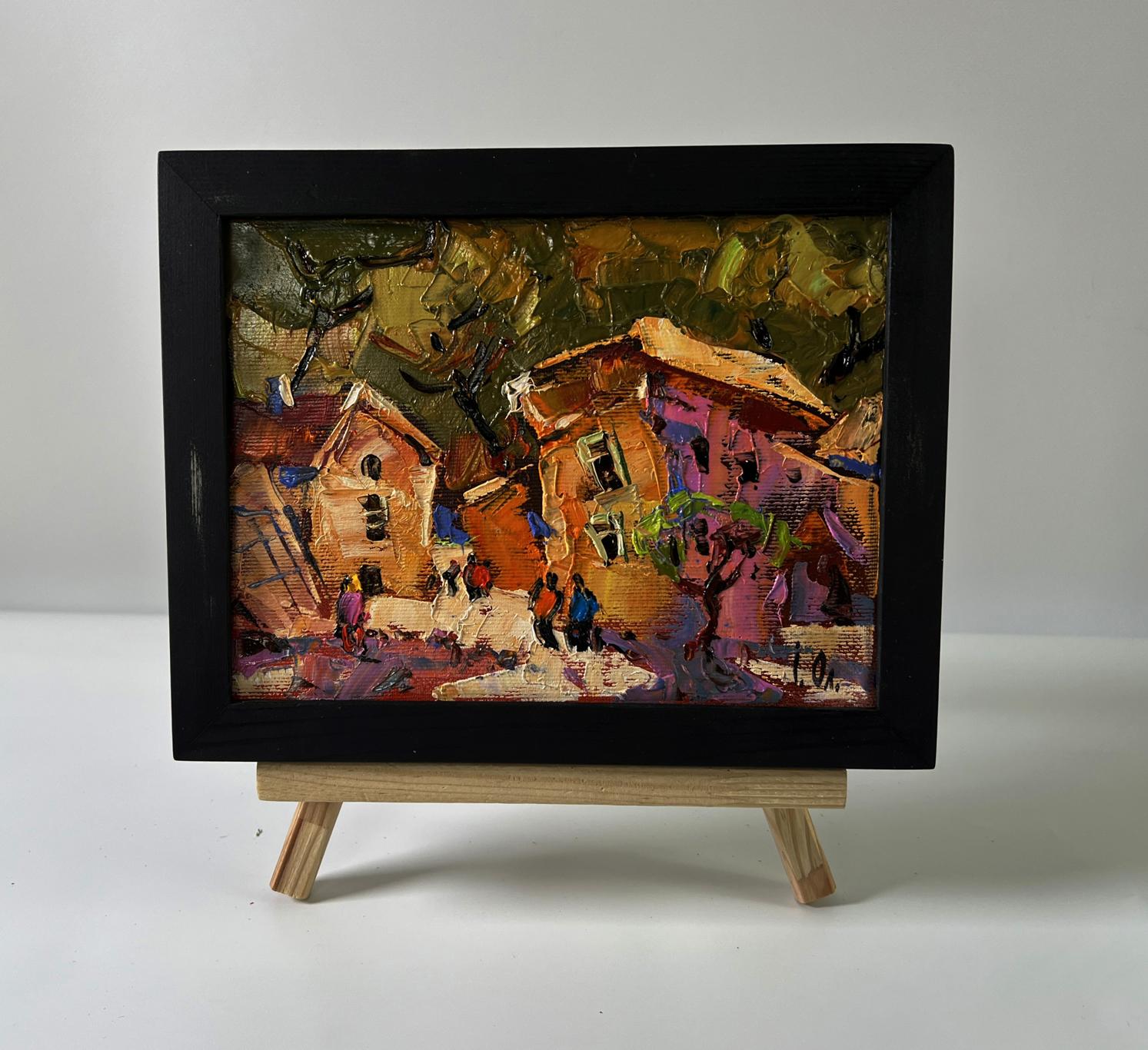 Vibrant oil painting Evening of a city street by Oleksiy Ivanyuk in black frame