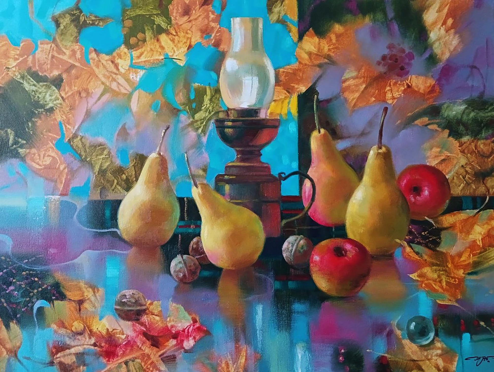 Vintage brass oil lamp in Anatoly Tarabanov autumn still life painting