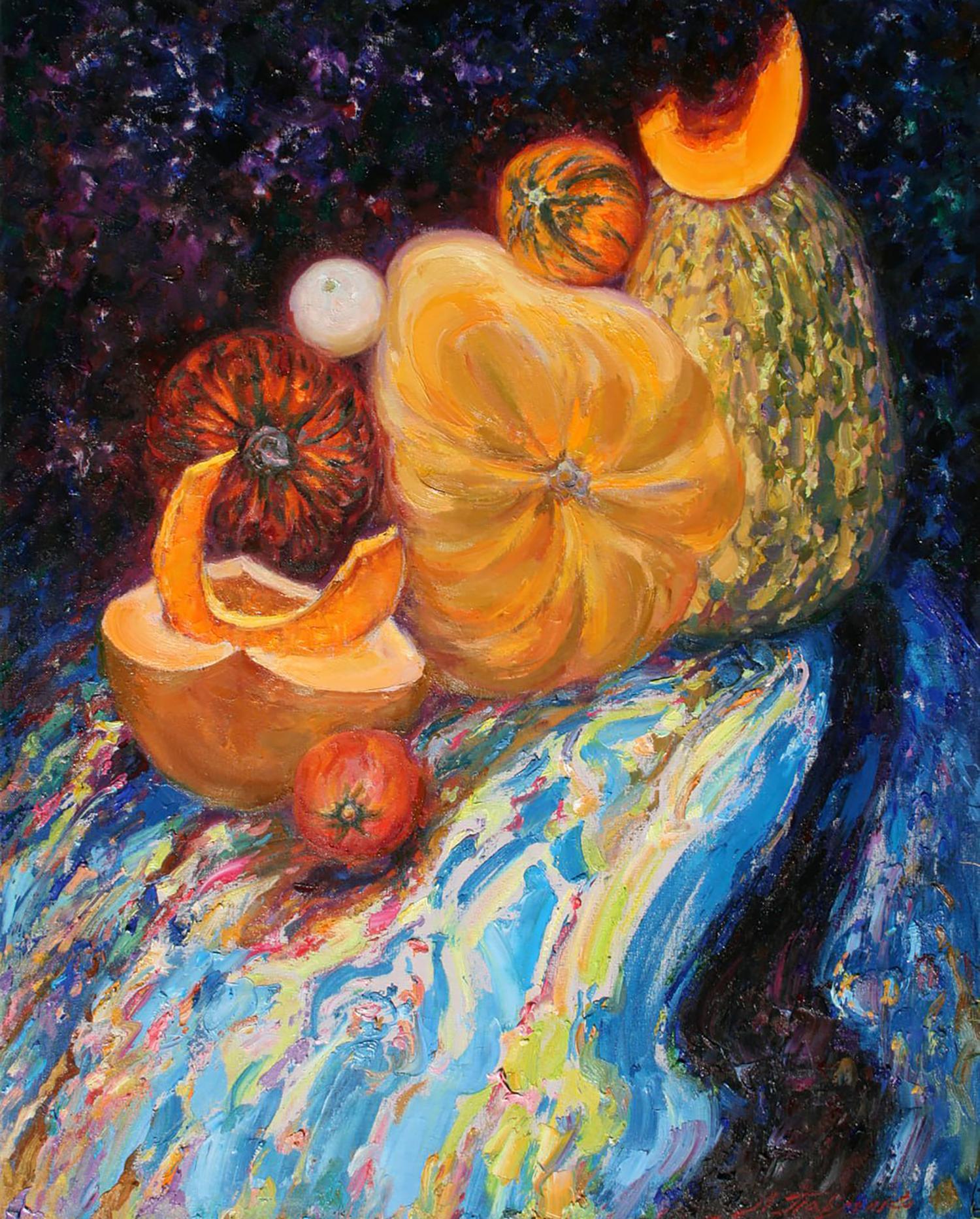Oil painting The moon has risen by Leonid Pavlenko with vibrant orange green pumpkins on swirling blue fabric