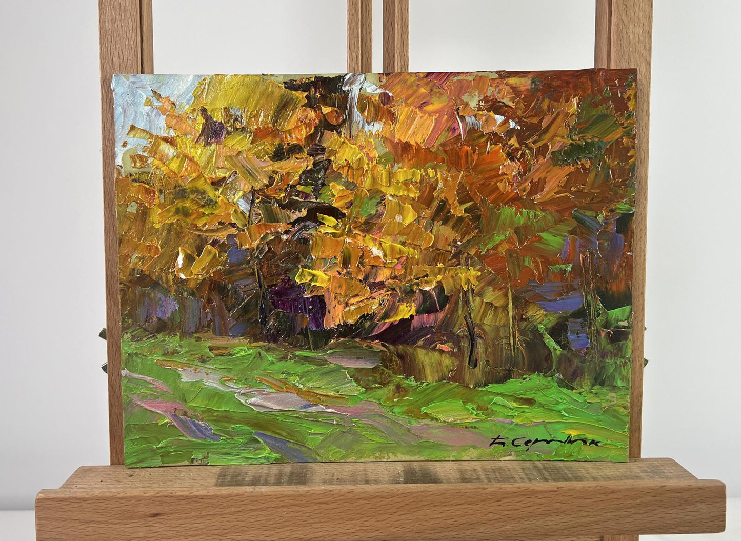 Vibrant oil painting Autumn sparkles with gold by Boris Serdyuk, bold autumn leaves