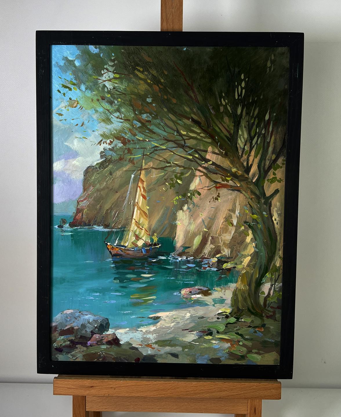 Oil painting Boats on the shore by Yuriy Suprunchuk sailboat scene