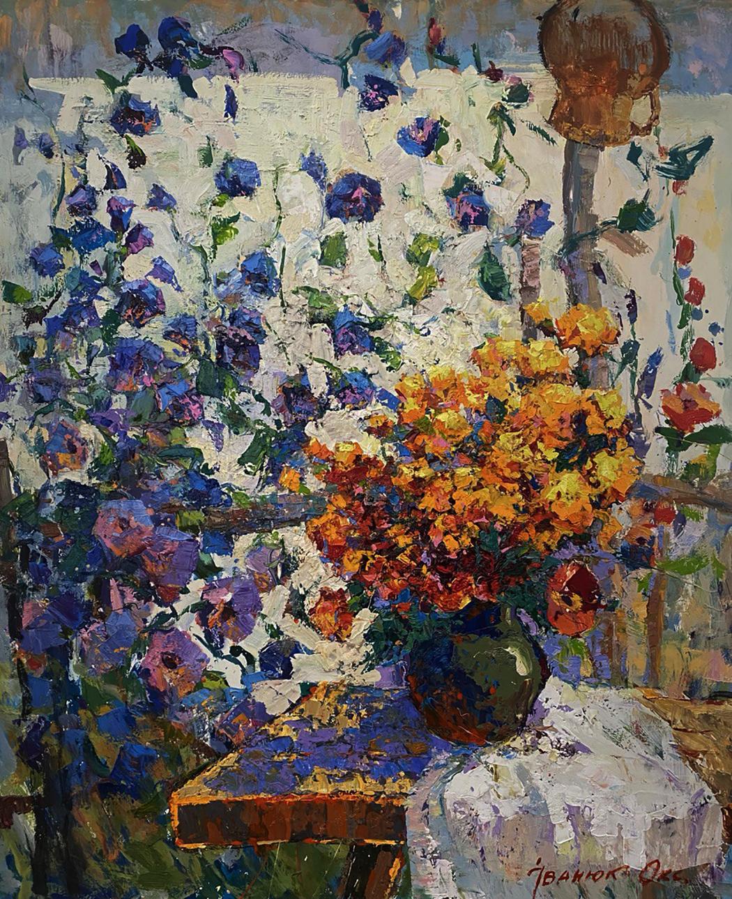 Oil painting of orange yellow flowers in green vase by Oksana Ivanyuk