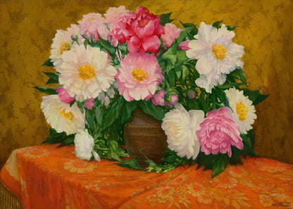 Oil painting of pink white peonies in brown vase by Vasily Korkishko
