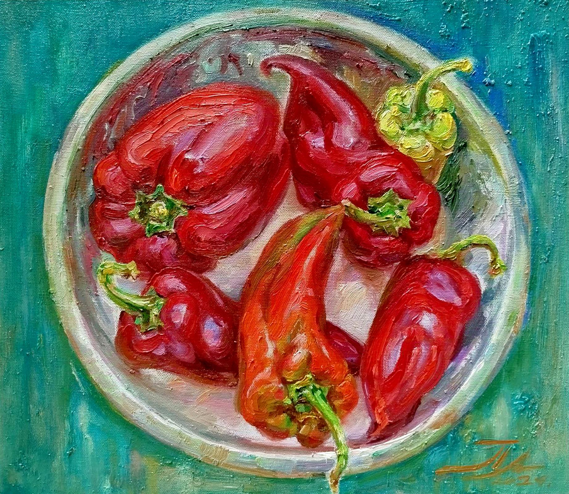 Oil painting Sweet pepper by Leonid Pavlenko: red orange peppers in bowl