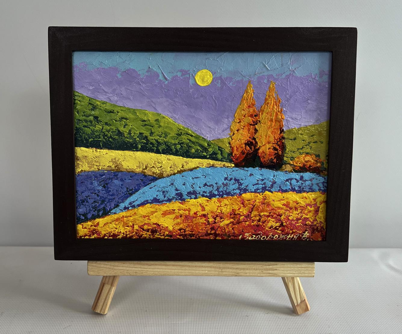 Oil painting Autumn golden fields by V. Zadorozhnya in wooden frame
