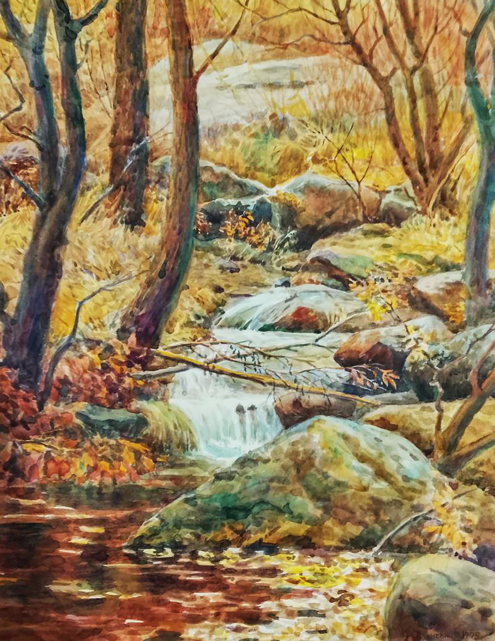Watercolor painting of forest stream by Vitaly Duhnevich