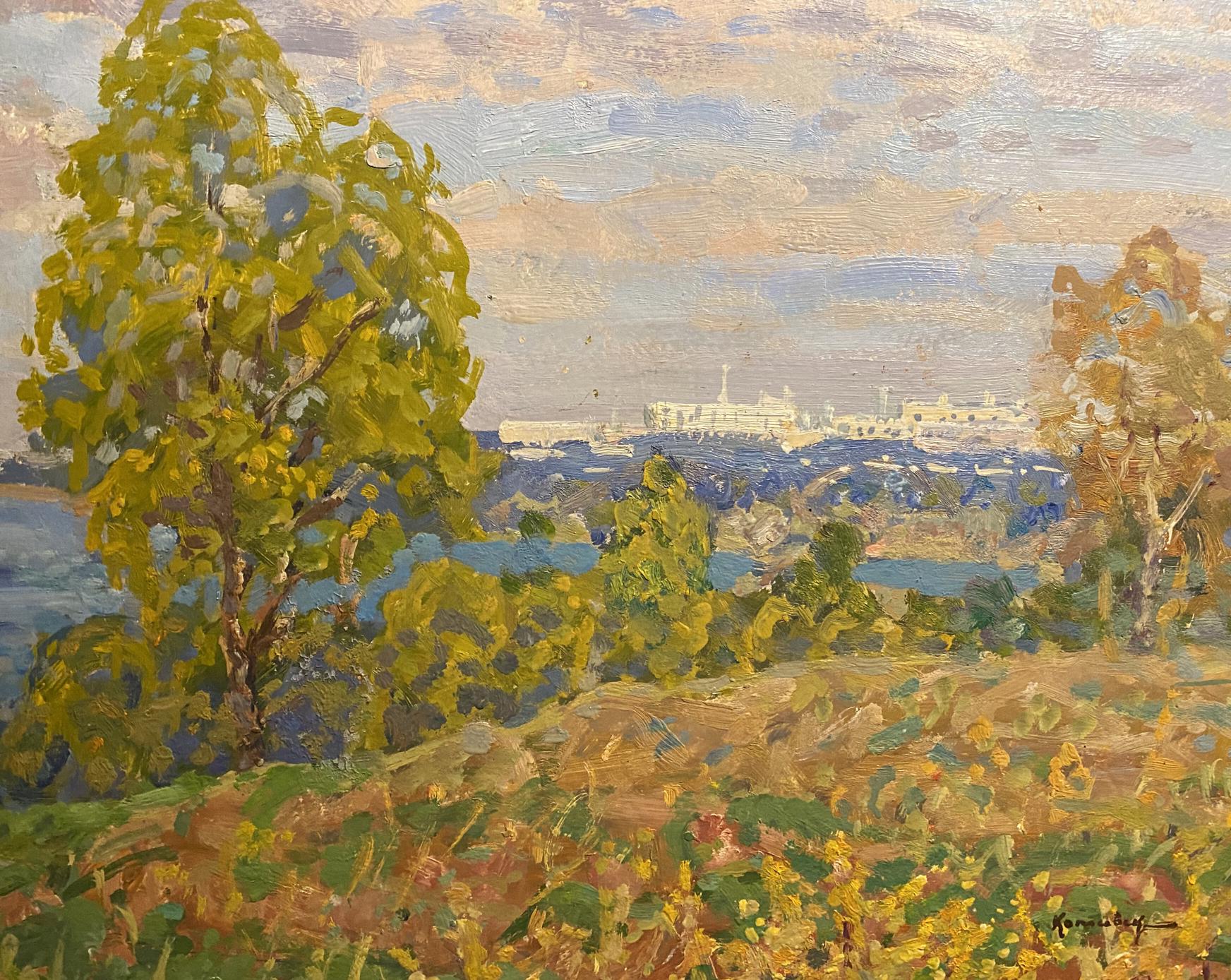 Oil painting City in the distance by Georgy Kolosovsky: vibrant impressionist landscape with green tree