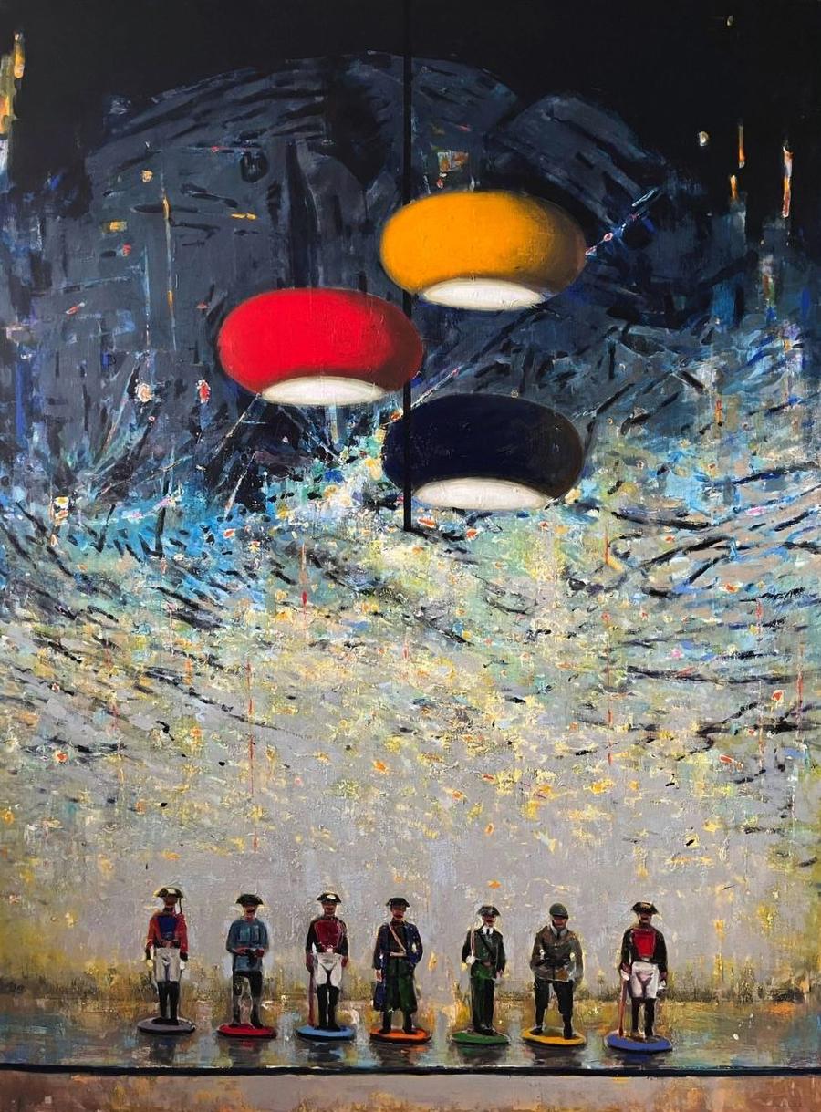 Three pendant lights in yellow red black from Juan Angel Gonzalez de la Calle exhibition