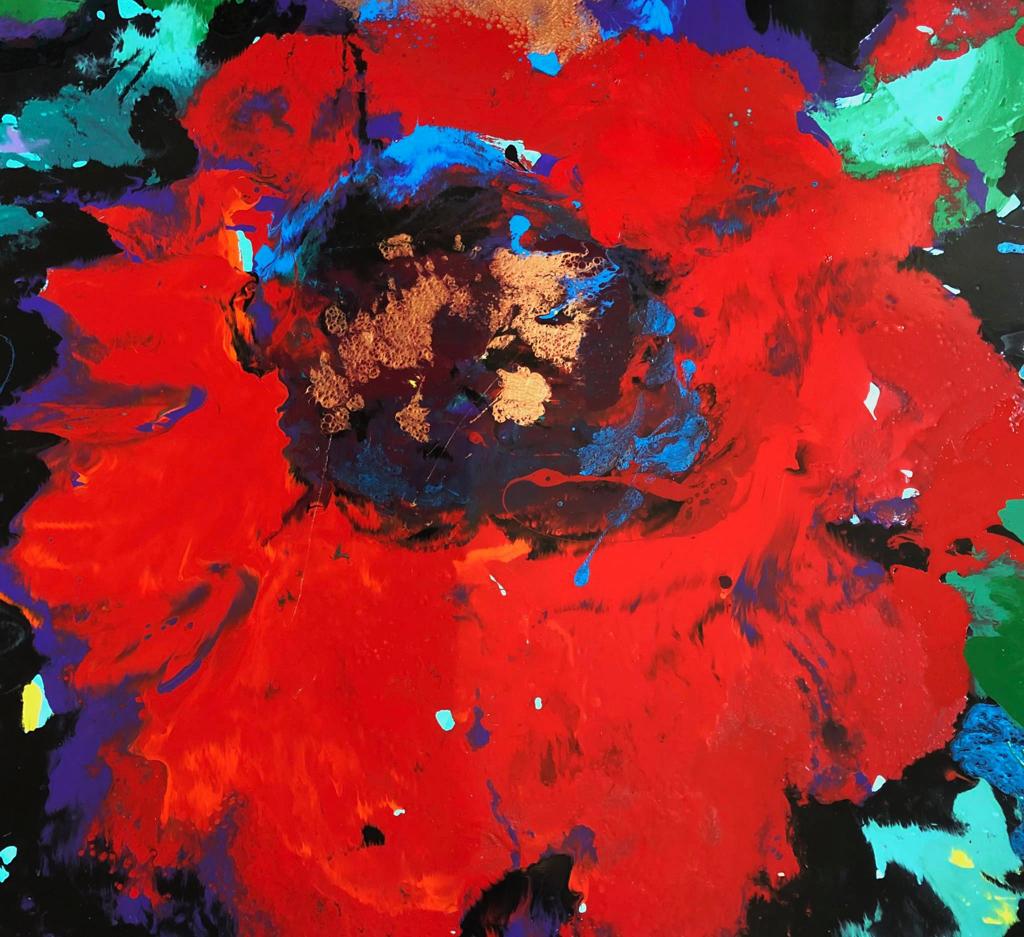 Vibrant red abstract flower oil painting by Natalia Korf-Ivaniuk