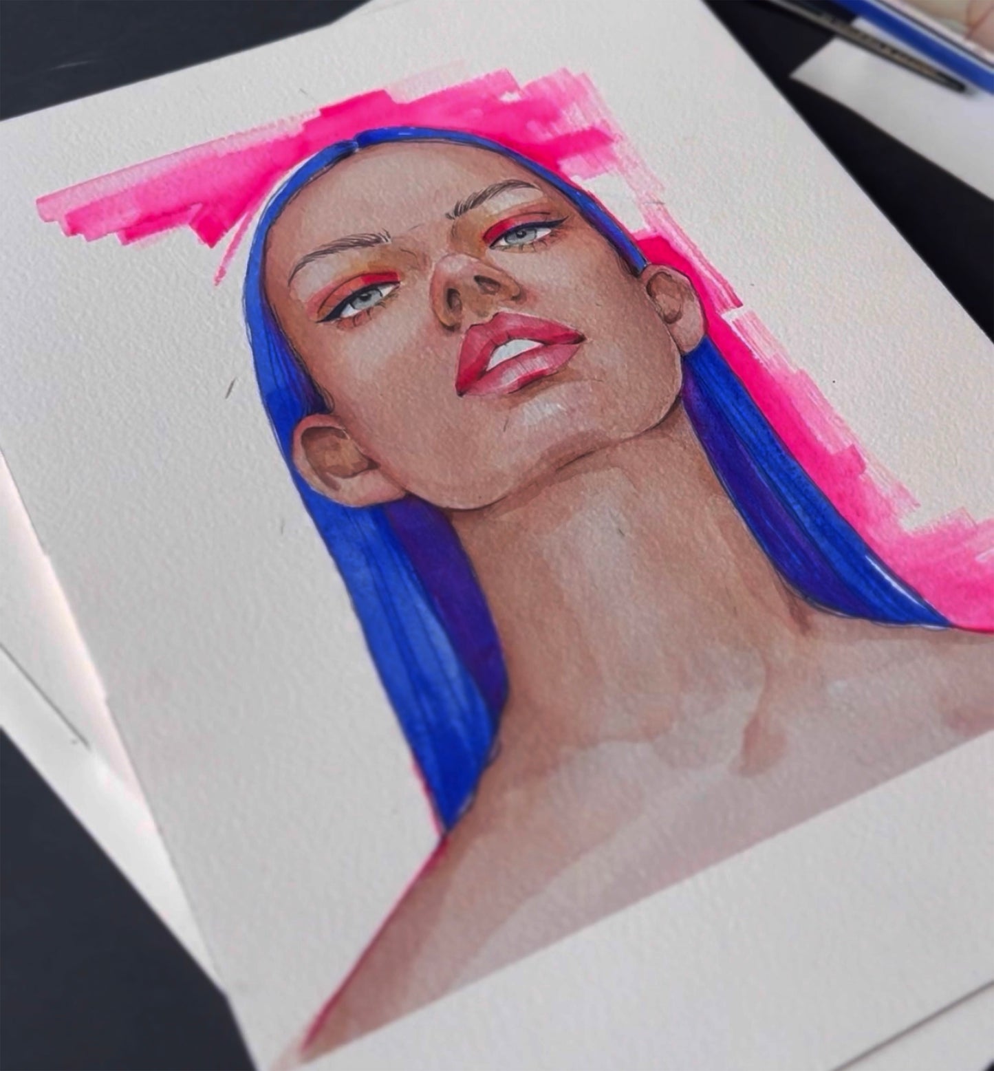 Vibrant watercolor portrait Indigo Victoria Kagalovska, blue hair, pink accents