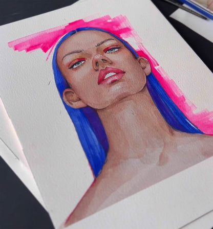 Vibrant watercolor portrait Indigo Victoria Kagalovska, blue hair, pink accents