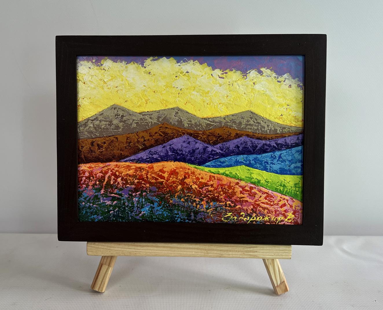 Oil painting Observing a natural phenomenon by V. Zadorozhnya, vibrant mountains under yellow sky