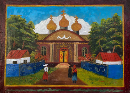 Oil painting of ladies going to R. Orthodox church by unknown artist