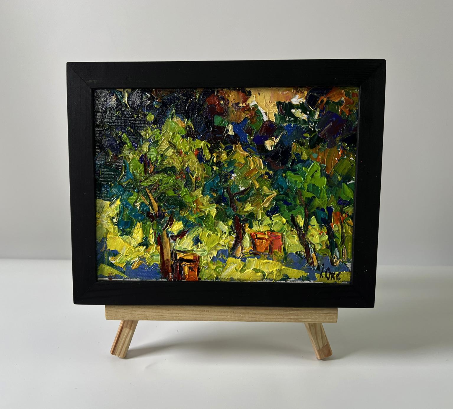 Oil painting Apiary in the forest by Oksana Ivanyuk, impressionist trees and barrels framed