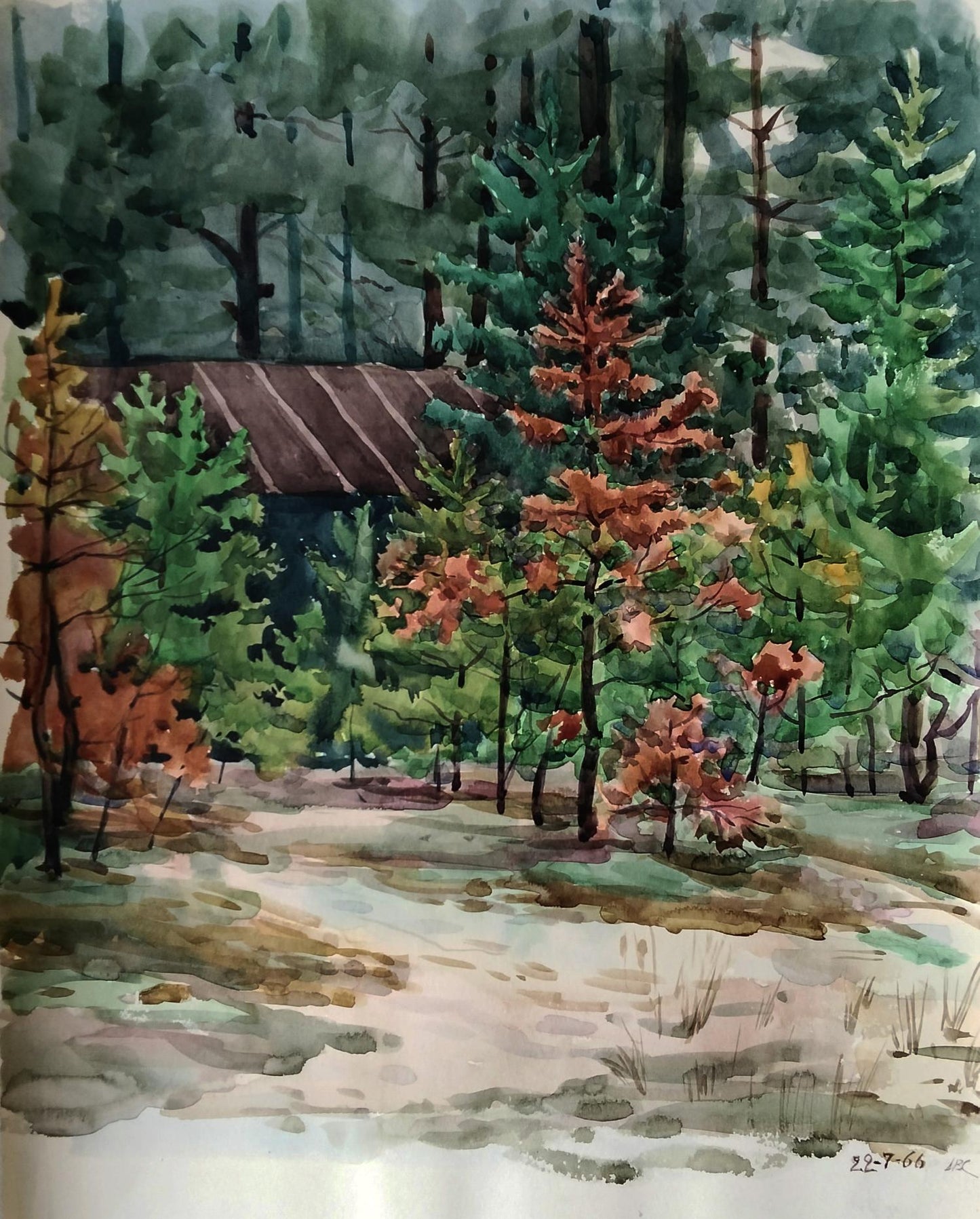 Watercolor painting of quiet refuge in green forest by Vitaly Duhnevich