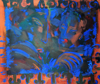 Vibrant abstract oil painting ADULTER by Ed Potapenkov in blue, green, orange hues