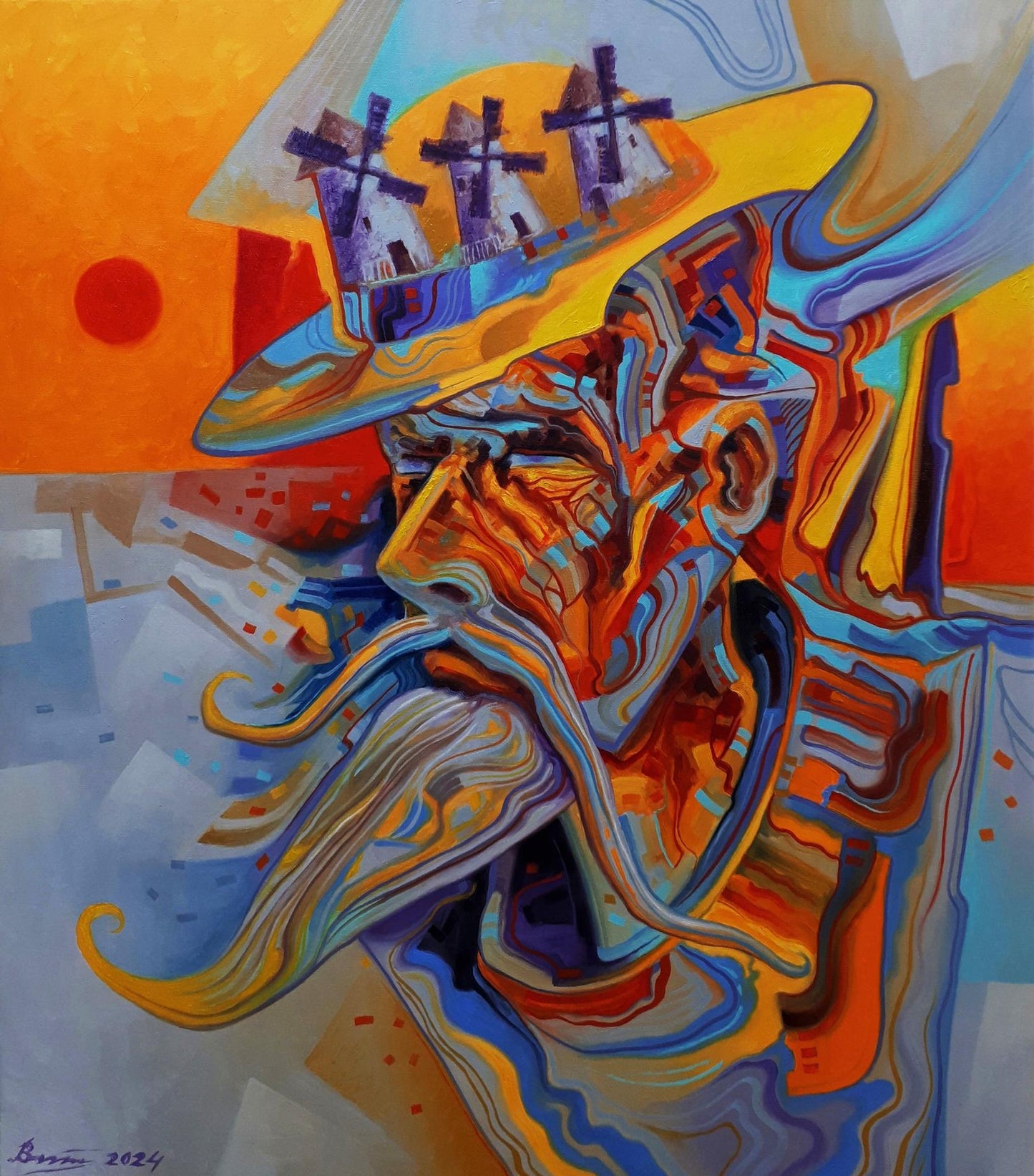 Oil painting Thoughts of Don Quixote by Sergiy Voichenko with vibrant figure and windmills