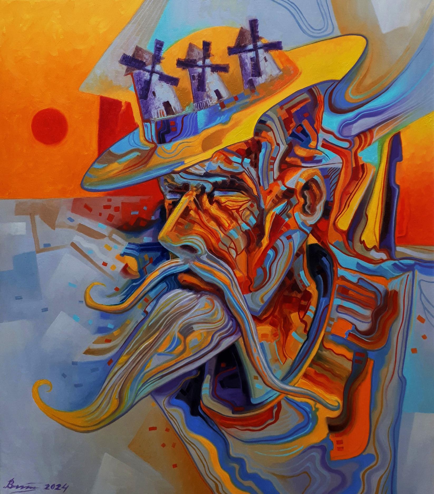 Oil painting Thoughts of Don Quixote by Sergiy Voichenko with vibrant figure and windmills