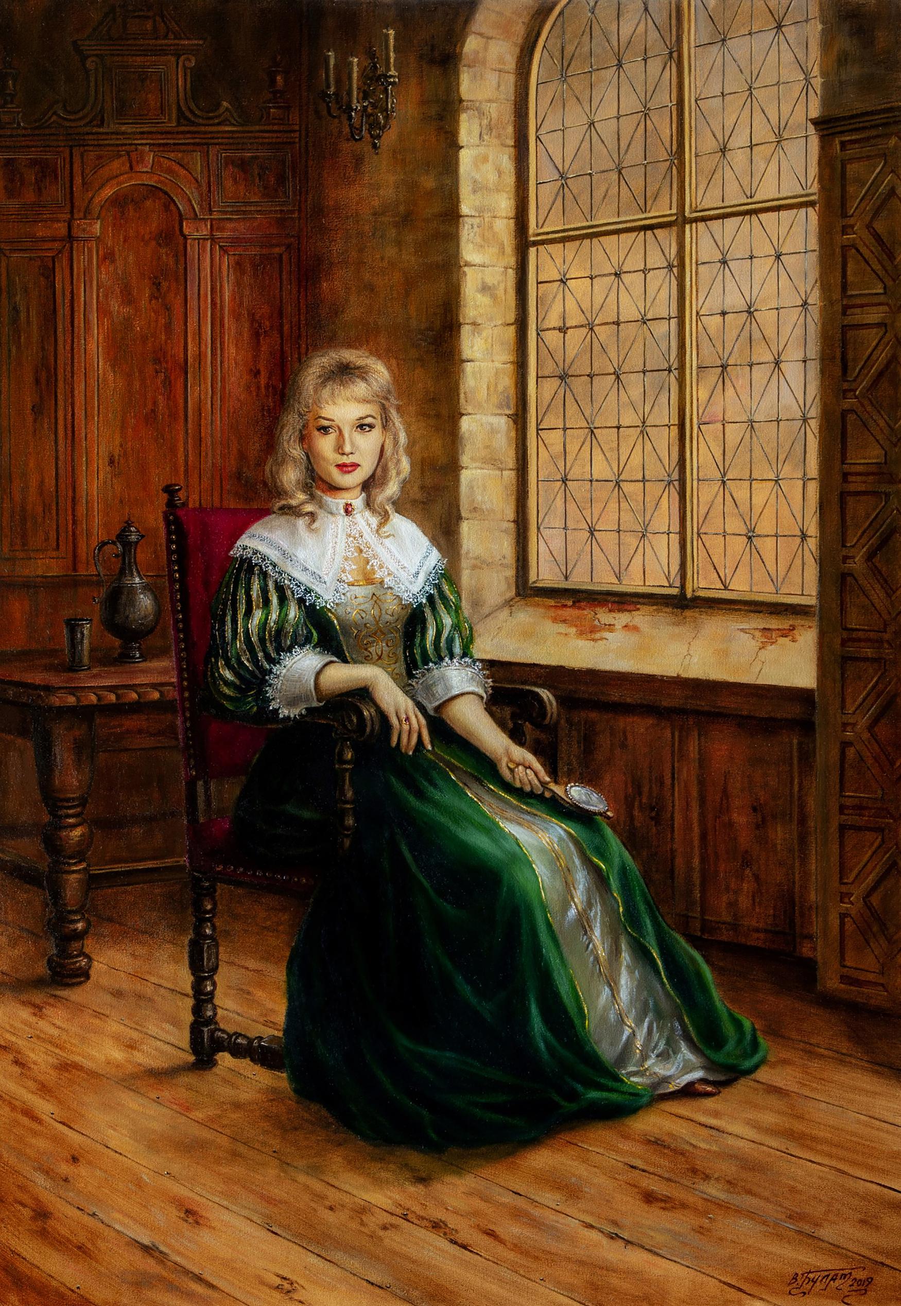 Oil painting of woman in green velvet gown, My strength is in my weakness by Valeriy Bulat
