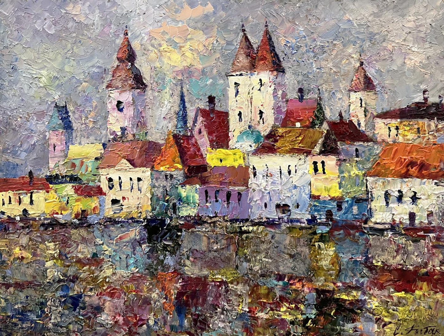 Vibrant impressionist oil painting by Serhiy Rybak of European town reflection