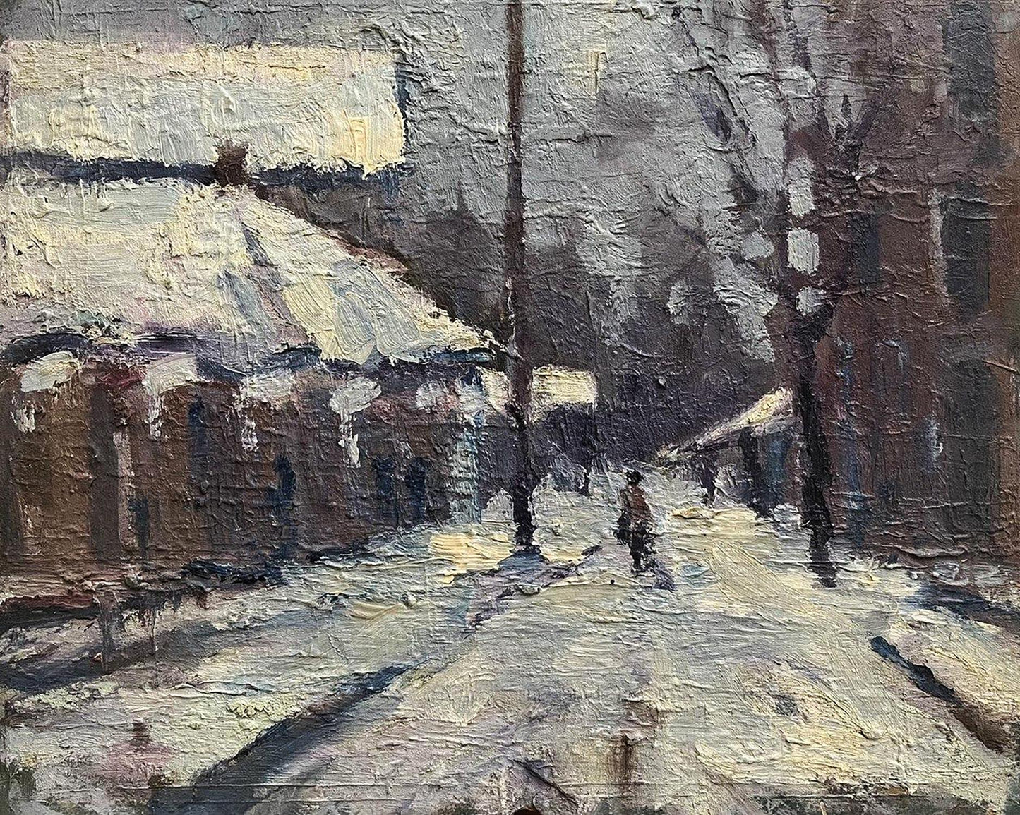 Oil painting Sunday Volodymyr Pashchenko snowy textured street scene