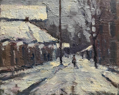 Oil painting Sunday Volodymyr Pashchenko snowy textured street scene