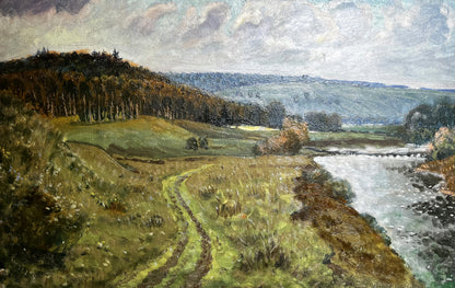 Oil painting Silence: winding dirt path through green hills by river, cloudy sky
