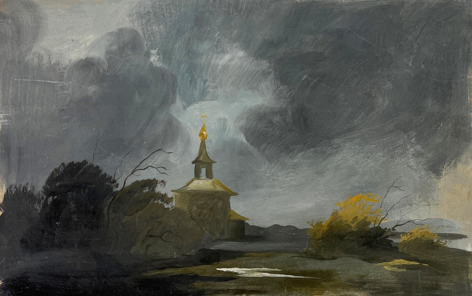 Oil painting by Oleg Litvinov: golden-domed church under stormy sky