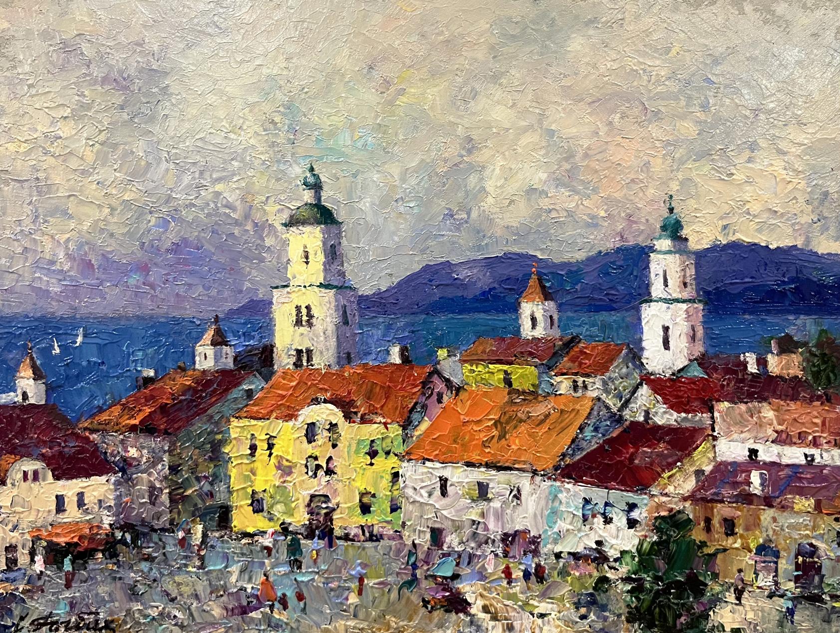 Vibrant impressionist oil painting by Serhiy Rybak of coastal town main street