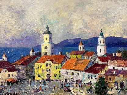 Vibrant impressionist oil painting by Serhiy Rybak of coastal town main street