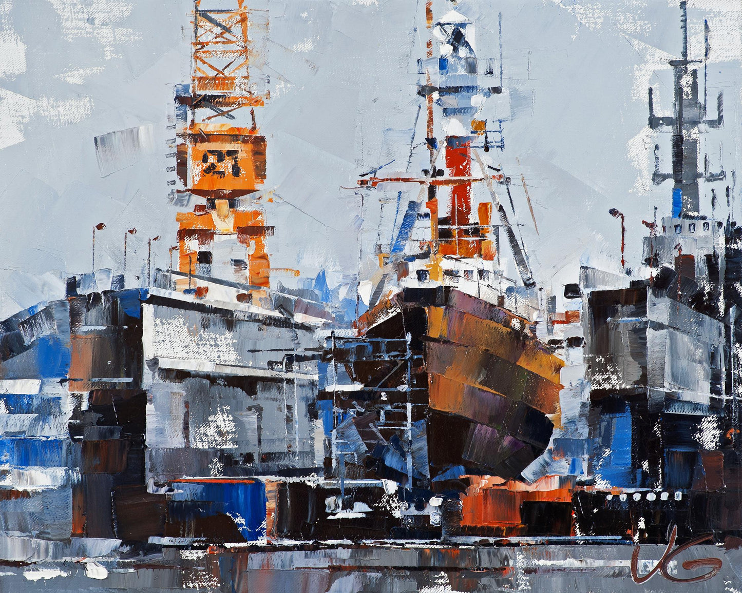 Oil painting of orange white crane beams on gray sky by lighthouse ship Amrumbank Volodymyr Gluhomanyuk