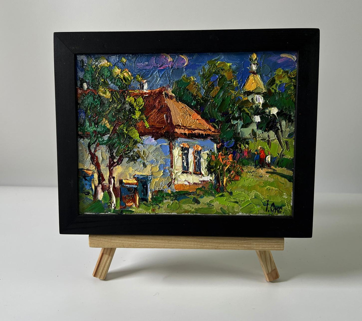Oil painting Weekend in the village by Oksana Ivanyuk in black frame