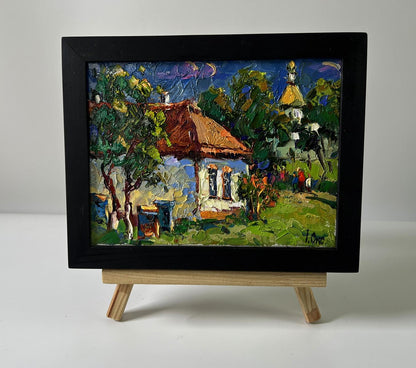 Oil painting Weekend in the village by Oksana Ivanyuk in black frame