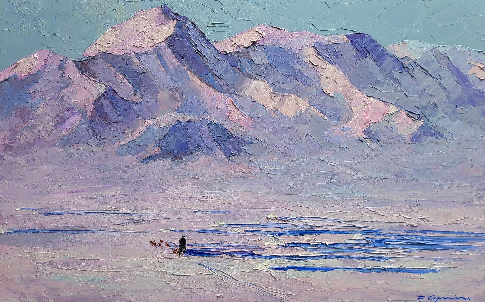 Oil painting Breath of the North Wind by Boris Serdyuk: impressionist snowy mountains