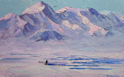 Oil painting Breath of the North Wind by Boris Serdyuk: impressionist snowy mountains