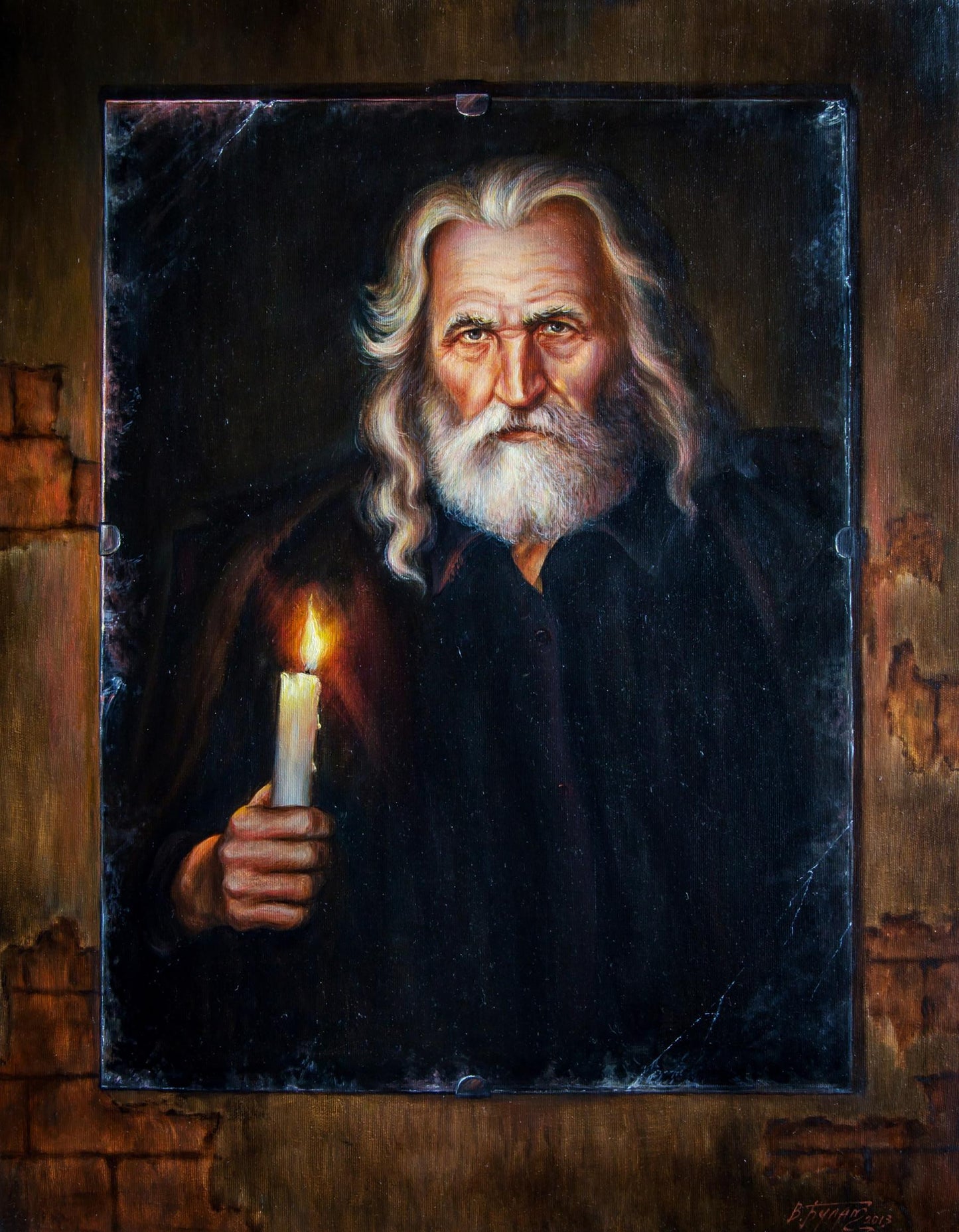 Oil painting Old mirror Valeriy Bulat: elderly man with white hair holding lit candle