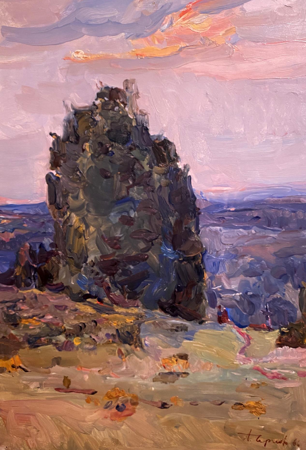 Oil painting Near the sea Leonid Chernov: textured gray rock against pink sky
