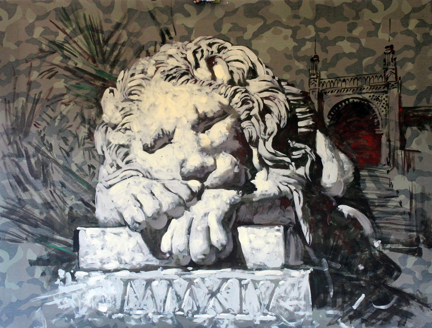 Oil painting by Sleep Ed Potapenkov of weathered stone lion statue