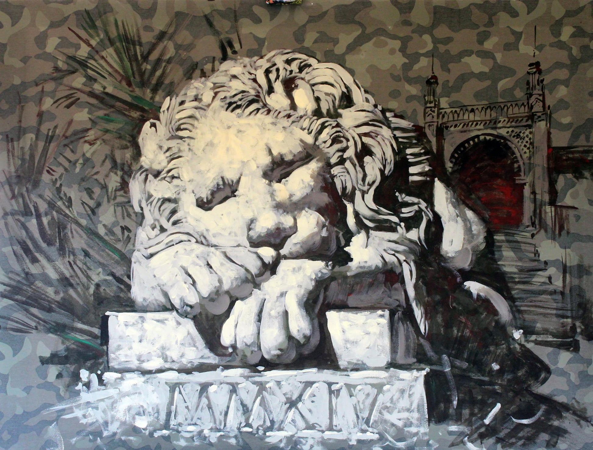 Oil painting by Sleep Ed Potapenkov of weathered stone lion statue