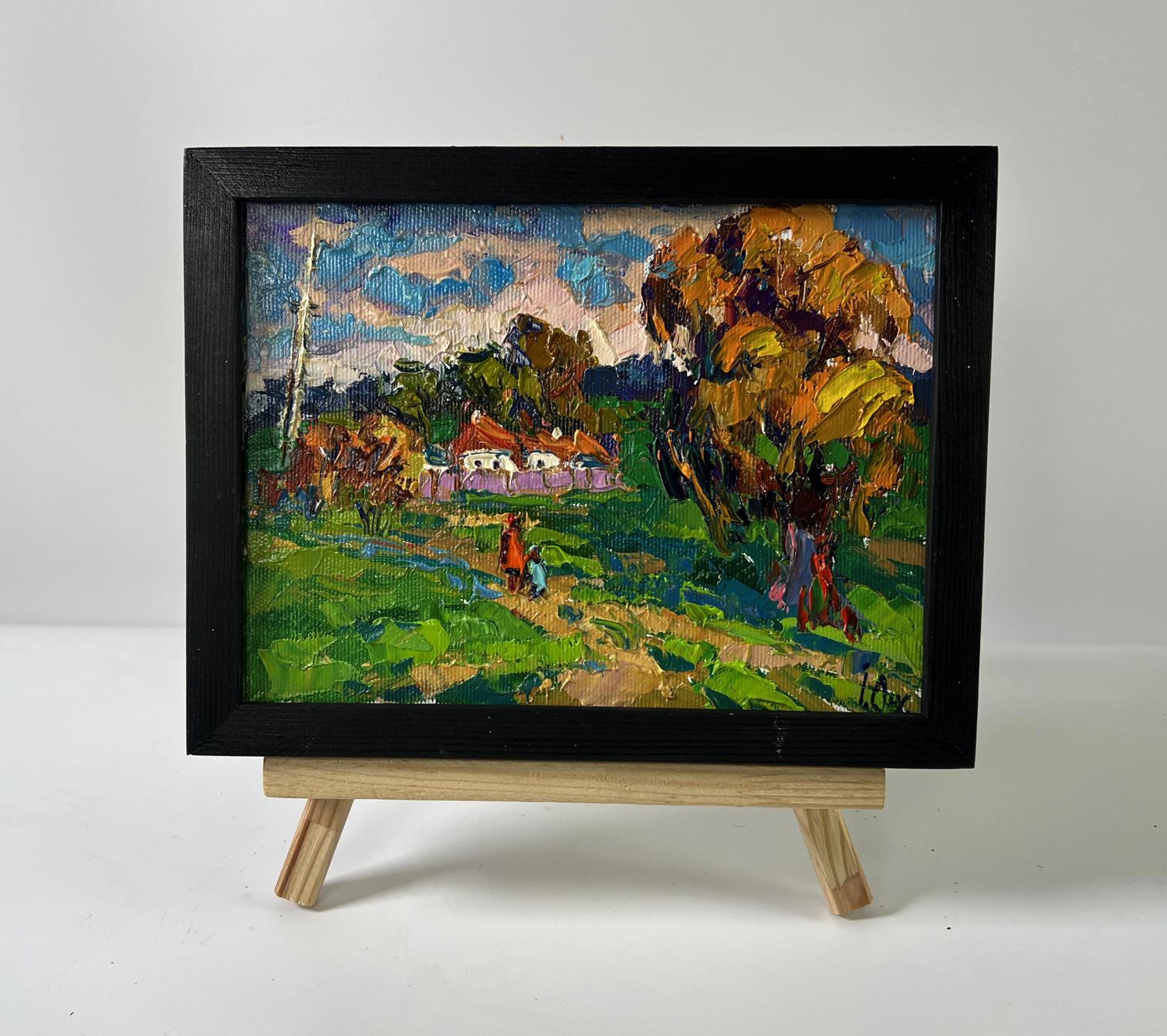 Oil painting Outside the Village by Oksana Ivanyuk in black frame