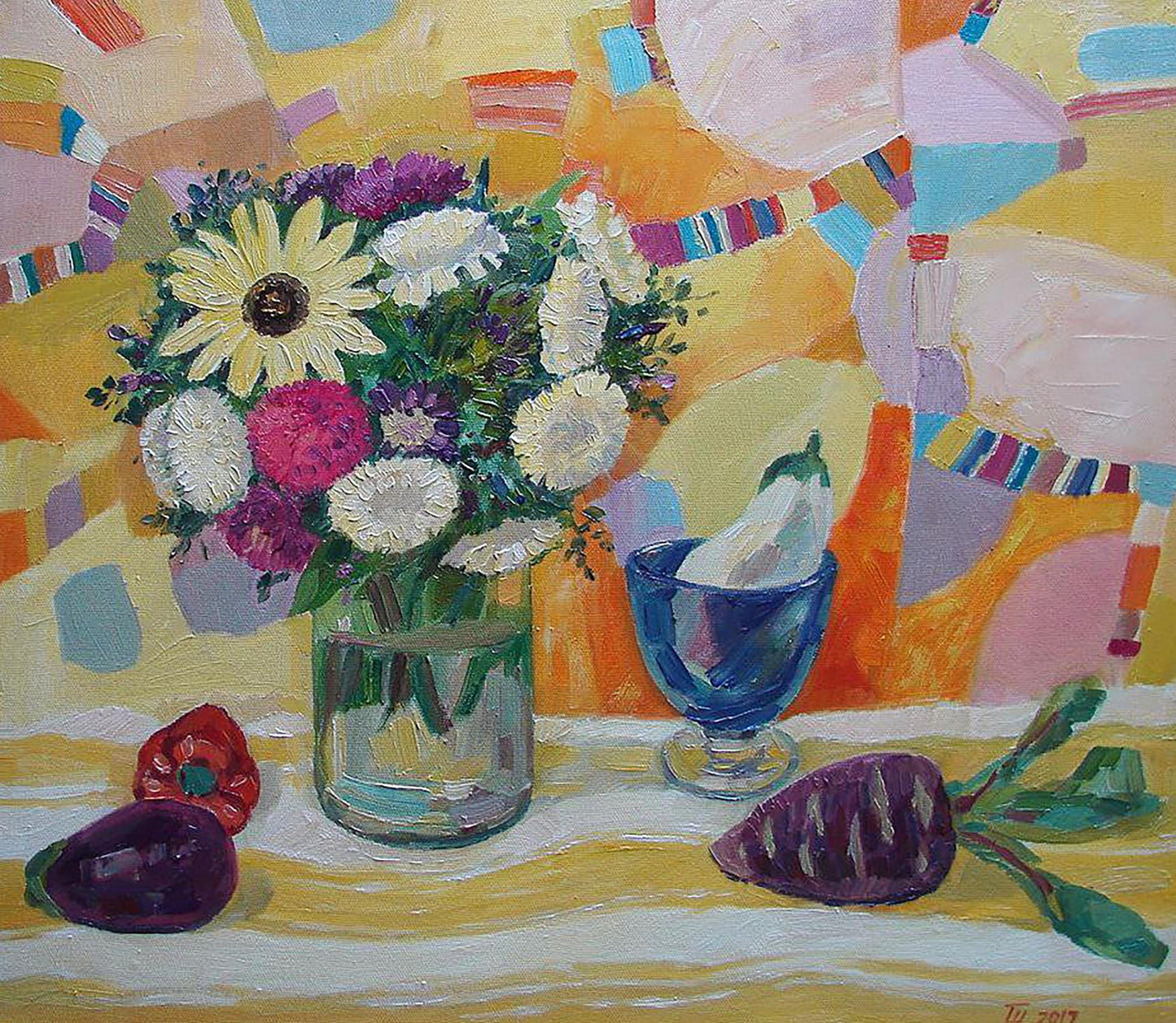 Oil painting Sunny still life by Tatyana Shulyak: vibrant mixed flowers in vase