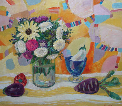 Oil painting Sunny still life by Tatyana Shulyak: vibrant mixed flowers in vase