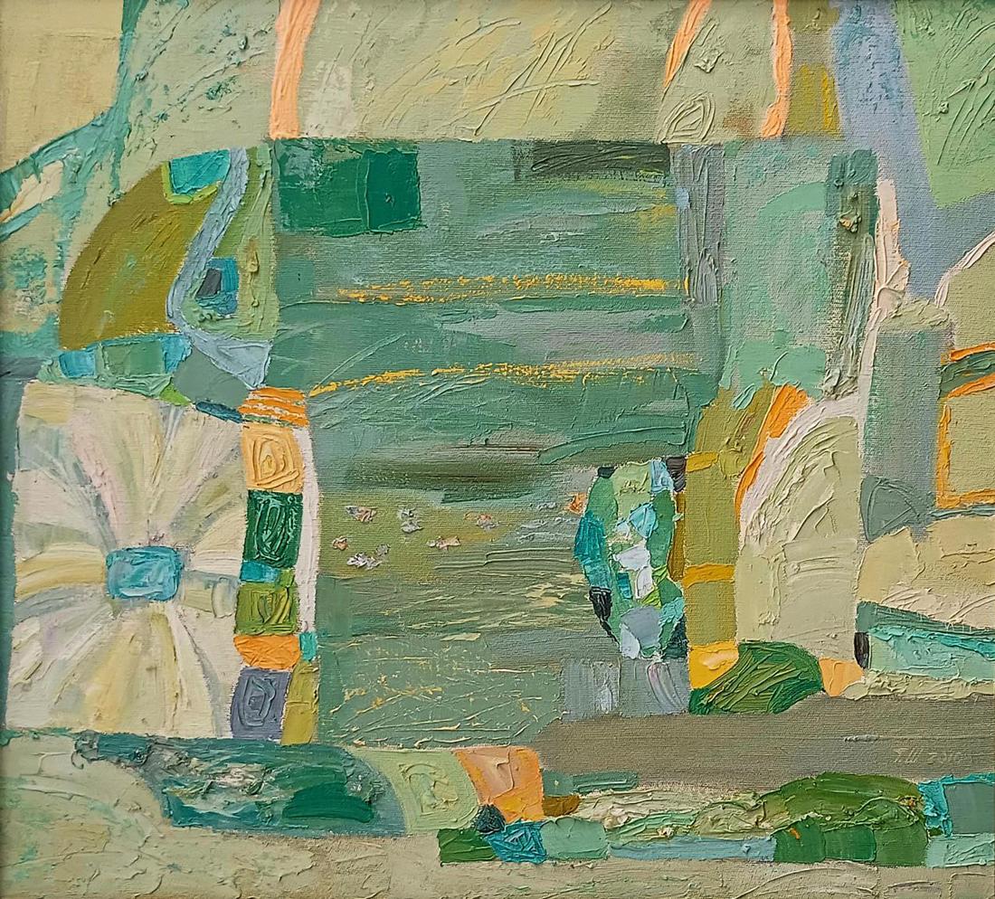Oil painting Harmony of green by Tatyana Shulyak, textured green teal abstract