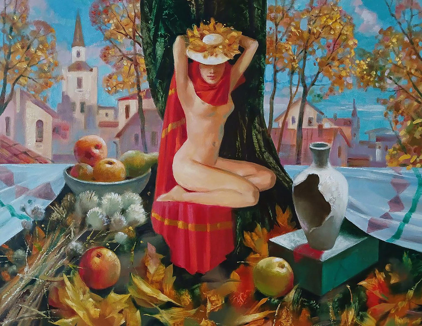 White ceramic vase with crack resembling Anatoly Tarabanov golden autumn painting