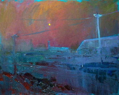 Oil painting Fog over the village by Natalia Korf-Ivaniuk with vibrant orange pink sky