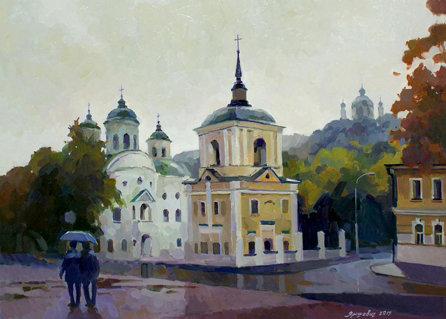 Oil painting Its a nasty day by Anastasia Yaroshevich: grand white church with green domes